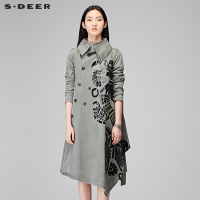 sdeer圣迪奥2018冬装抽象印花斜襟不规则长款风衣外套女