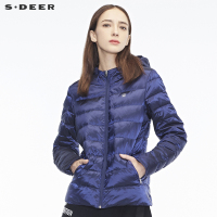 sdeer圣迪奥2018冬装新款简约薄款格纹拉链连帽短款羽绒