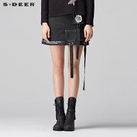 sdeer圣迪奥女半身裙秋冬时尚飘带贴布装饰水洗牛仔短裙