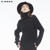 sdeer圣迪奥个性挖肩设计袖口蝴蝶结造型装饰高领针织衫