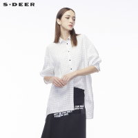 sdeer圣迪奥2018冬装新款白色格纹时尚翻领衬衫S18480572