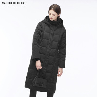sdeer圣迪奥2018冬装新款纯黑拉链高领连帽H廓形羽绒服S18462417