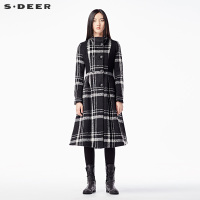 sdeer圣迪奥女装冬装复古英伦拼接格纹立领长款毛呢大衣S16481867