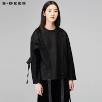 sdeer圣迪奥外套秋女2018新款可拆卸飘带装饰毛呢上衣冬