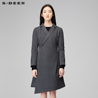sdeer圣迪奥2018冬装简约斜襟设计暗扣翻领毛呢大衣外套