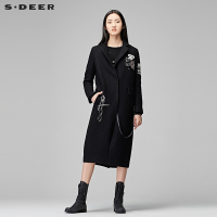 sdeer圣迪奥2018冬装抽象印花串珠亮片及膝休闲毛呢大衣