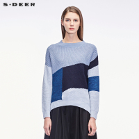 sdeer圣迪奥2018冬装新款蓝撞色拼接开衩圆领针织衫女S18463599