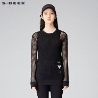 sdeer 圣迪奥2018冬装知性风酷黑镂空T恤+背心两件套女