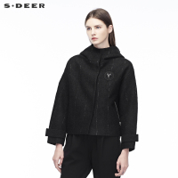 sdeer圣迪奥2018冬装贴布装饰英伦条纹连帽毛呢外套S18462254
