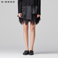 sdeer圣迪奥2018冬装摩登灰网纱拼接线迹装饰毛呢短裙女S17481371