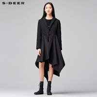 sdeer圣迪奥女装冬欧式宫廷风毛呢拼接布艺装饰长款棉衣