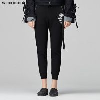 sdeer圣迪奥2018冬装帅气飘带字母印花休闲长裤