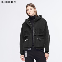 sdeer圣迪奥2018冬装新款女刺绣开衩连帽羊毛毛呢外套S18482281