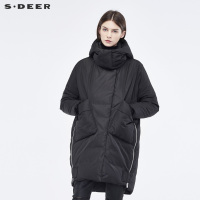 sdeer圣迪奥2018冬装新款拉链口袋落肩高领连帽长羽绒服S18462406