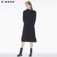 sdeer圣迪奥2018冬装基础薄款底摆开衩堆领连衣裙针织衫