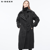 sdeer圣迪奥2018冬装英伦经典条纹淑女长款毛呢大衣外套S17461805