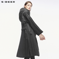 sdeer圣迪奥2018冬装简约松紧高领连帽长款风衣外套S18461870
