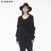 sdeer圣迪奥休闲简约深V领口别致打结造型设计针织衫S18463586
