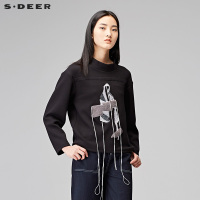 sdeer圣迪奥2018冬装抽象人物刺绣流苏装饰短款卫衣外套S17482219