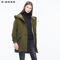 sdeer圣迪奥2018秋冬新款收褶袖口插肩袖连帽毛呢大衣女S18481873