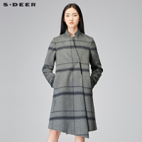 sdeer圣迪奥女格纹金属装饰中长款羊毛毛呢大衣S17481806