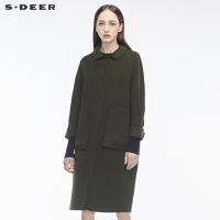 sdeer圣迪奥2018冬新款收褶造型翻领口袋军绿双面呢大衣S18481875