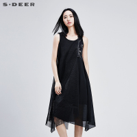 sdeer圣迪奥夏装黑色酷帅网眼塑料拼接雪纺无袖连衣裙