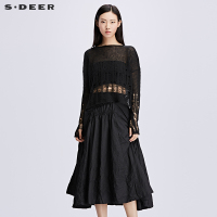 sdeer圣迪奥女装2018冬装设计感宽松圆领镂空针织衫毛衣