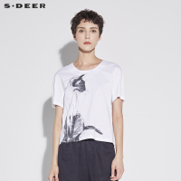 sdeer圣迪奥2018夏装新款简笔手绘猫咪图案宽松短袖T恤