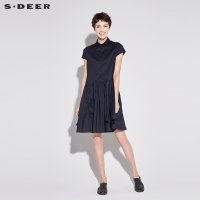 sdeer圣迪奥2018夏装短袖A字OL纽扣风琴褶衬衫连衣裙