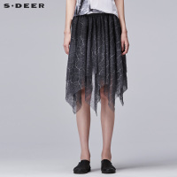 sdeer圣迪奥2018夏装裂纹印花不规则网纱松紧休闲半身裙