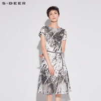 sdeer圣迪奥2018夏装抽象黑白水墨印花束腰文艺连衣裙