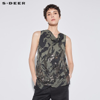 sdeer圣迪奥2018夏装丛林迷彩荡领亮片不规则摆无袖上衣