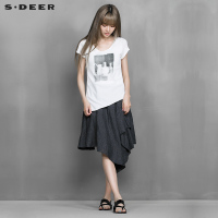 sdeer圣迪奥女装素描瓶绘层次拼叠开衩摆连衣裙