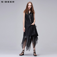 sdeer圣迪奥女装2018夏装不规则摆雪纺无袖两件套连衣裙