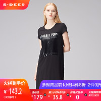 sdeer圣迪奥秋装黑白休闲字母胶印开叉短袖T恤连衣裙女