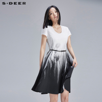sdeer圣迪奥女夏优雅抽象流动感印花束腰连衣裙