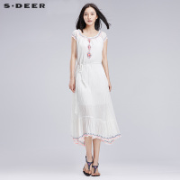 sdeer圣迪奥女装夏装愫白民族风绣花褶皱松紧长裙连衣裙