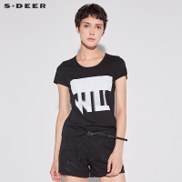 sdeer圣迪奥女2018夏装潮建筑胶印印花短袖黑色圆领T恤
