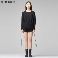 sdeer圣迪奥女装拼接飘带装饰拉链开衩长袖T恤S17480240