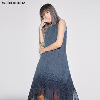 sdeer圣迪奥2018夏装简约肌理绣花欧根纱拼接亚麻连衣裙