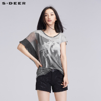 sdeer圣迪奥女做旧抽象复古印花拼接不对称设计上衣T恤