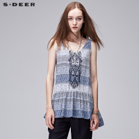 sdeer圣迪奥2018夏装蓝民族风印花镂空绣花无袖衬衫女