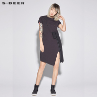 sdeer圣迪奥2018夏装休闲黑圆领肌理拼接开衩连衣裙