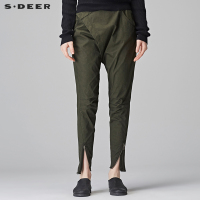 sdeer圣迪奥2018秋装休闲橄榄绿搭片压褶拉链小脚长裤女S17380839
