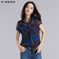 sdeer圣迪奥民族撞色印花抓皱衬衫