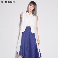 sdeer圣迪奥2018夏装清透雪纺拼接斜襟无袖短款上衣马夹