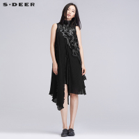 sdeer圣迪奥女顺滑肌理折痕贴片连衣裙