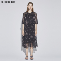 sdeer圣迪奥甜美风琴褶田园碎花带两件套连衣裙