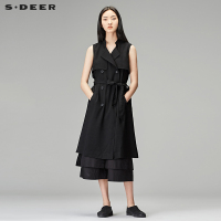 sdeer圣迪奥2018秋装平驳领腰带工装长款无袖背心马甲女